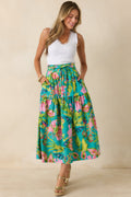 Prosperina Lexi Jade Multi Tropical Floral Cotton Midi Skirt