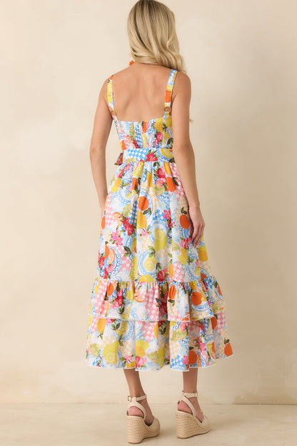 Prosperina Cassandra Multi Citrus Print Linen Blend Midi Dress