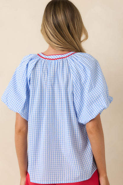 Stars, Stripes & Strawberry Pie Light Blue Gingham Embroidered Cotton Top