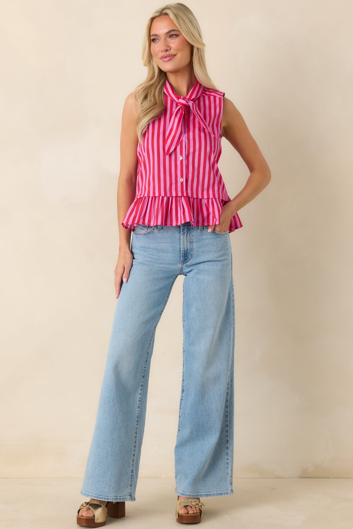 Tied Up Cute Pink & Red Cotton Stripe Button Front Top