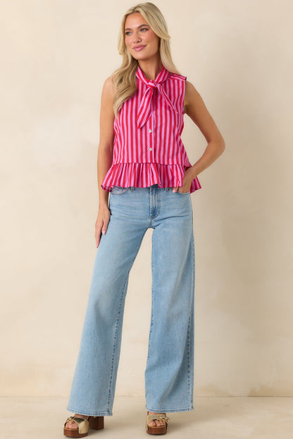 Tied Up Cute Pink & Red Cotton Stripe Button Front Top