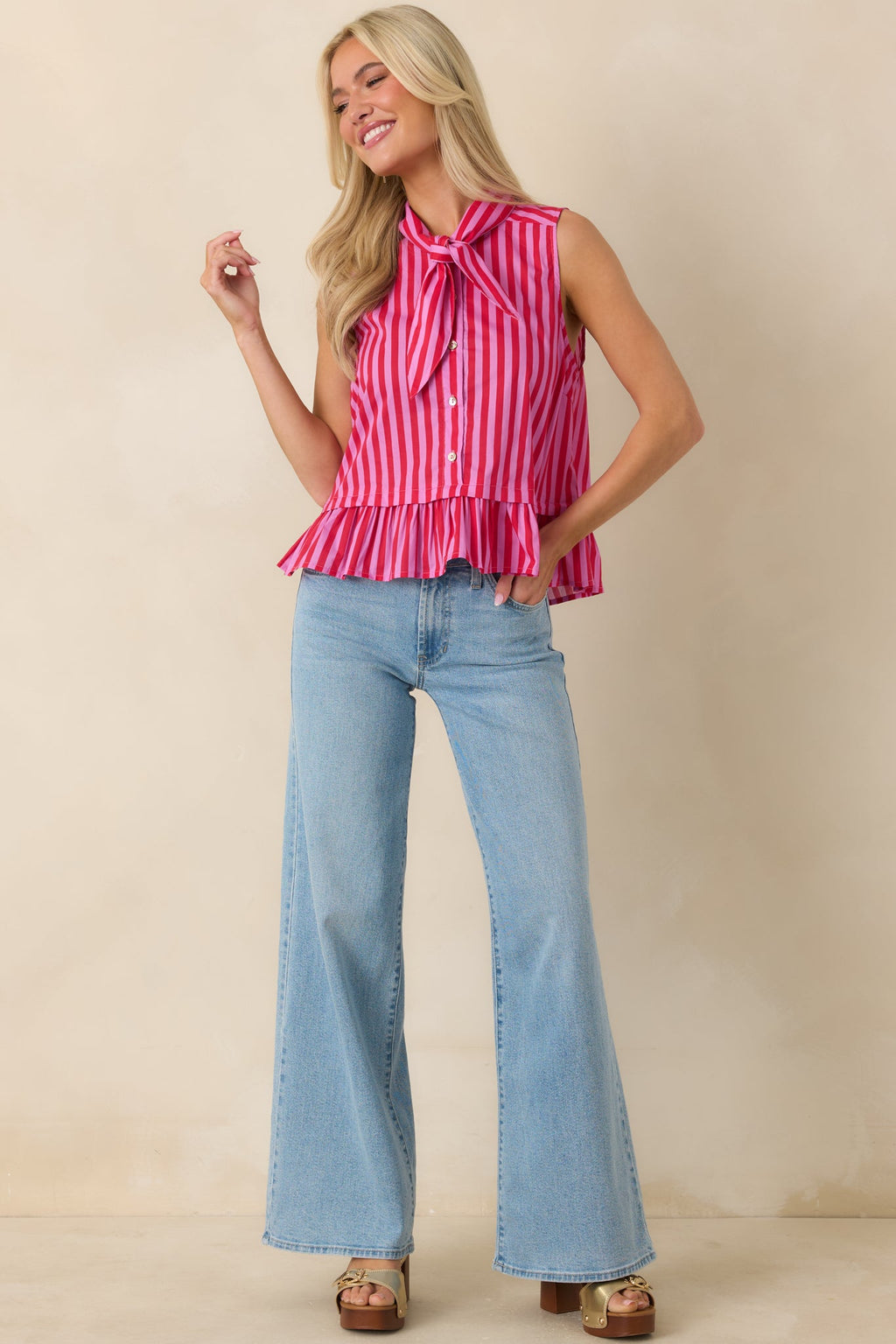 Tied Up Cute Pink & Red Cotton Stripe Button Front Top