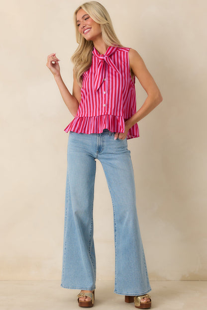 Tied Up Cute Pink & Red Cotton Stripe Button Front Top