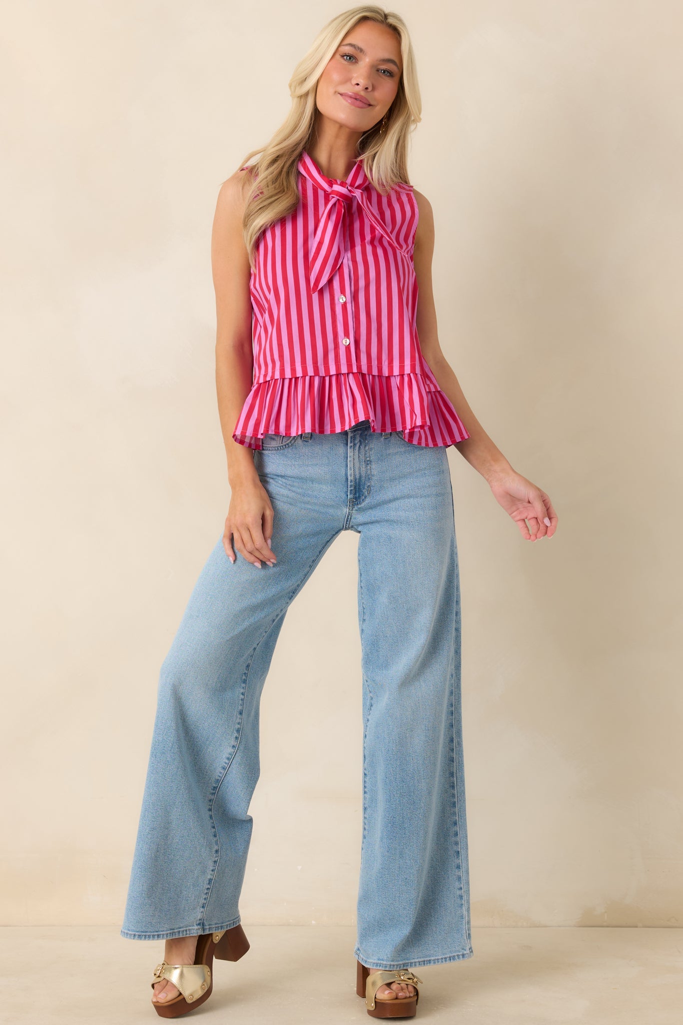 Tied Up Cute Pink & Red Cotton Stripe Button Front Top
