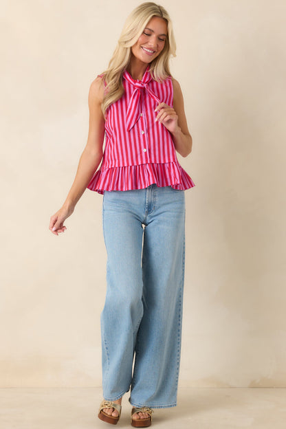 Tied Up Cute Pink & Red Cotton Stripe Button Front Top