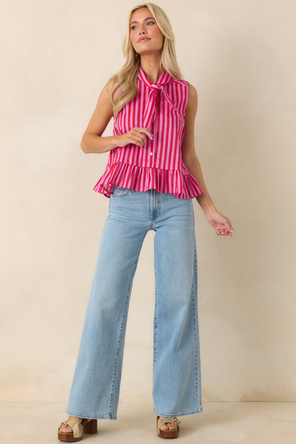 Tied Up Cute Pink & Red Cotton Stripe Button Front Top