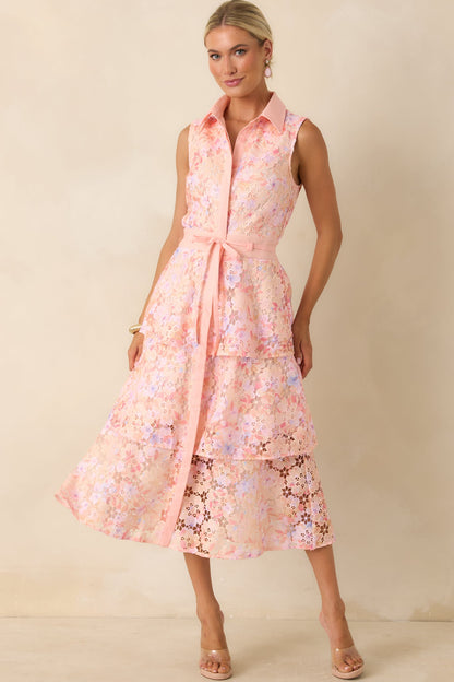 Blush Garden Pink Multi Floral Lace Midi Dress