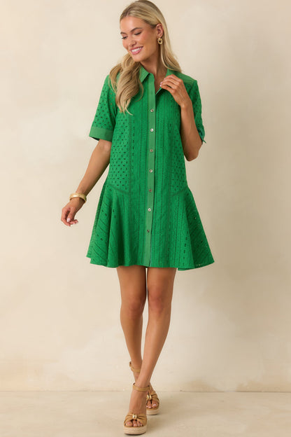 What A Treat Green Cotton Eyelet Mini Dress