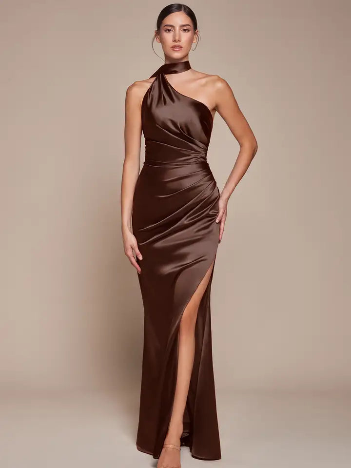 Ladivine One Shoulder Luxe Satin Fitted Gown