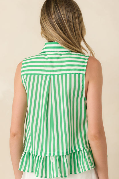 Tied Up Cute Green & White Cotton Stripe Button Front Top