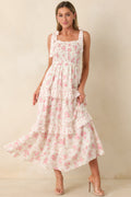 Afternoon Like This Ivory & Pink Floral Ruffle Tiered Cotton Midi Dress