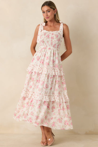 Afternoon Like This Ivory & Pink Floral Ruffle Tiered Cotton Midi Dress