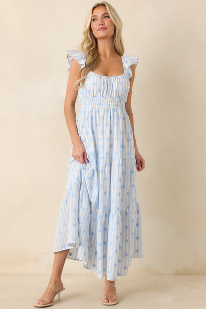 Meadow Mornings Blue Stripe Floral Embroidered Cotton Maxi Dress