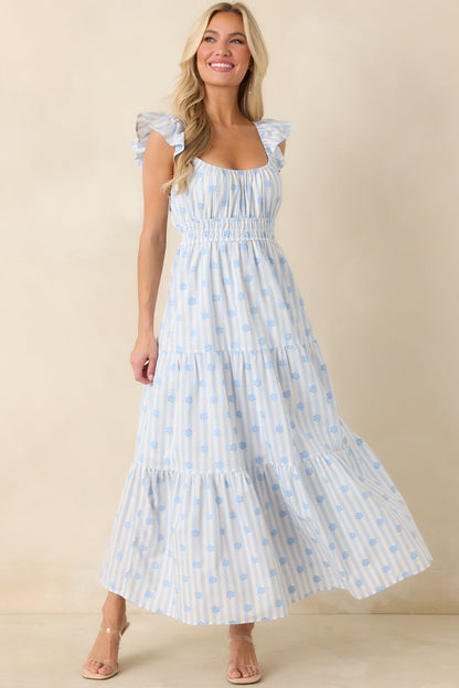 Meadow Mornings Blue Stripe Floral Embroidered Cotton Maxi Dress