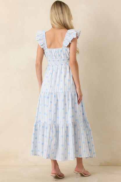 Meadow Mornings Blue Stripe Floral Embroidered Cotton Maxi Dress