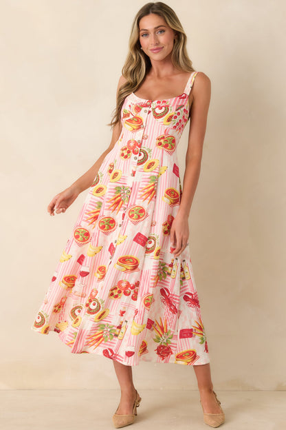 A Tour of Italy Red Multi Culinary Print Midi Dress