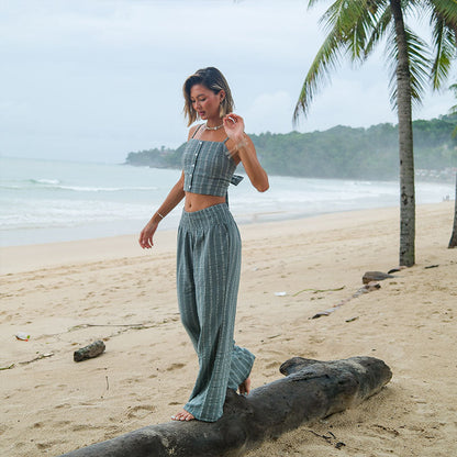 Sage Sailor Stripe Wide Leg Cotton Pants