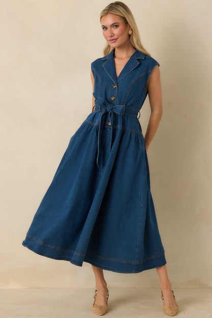 I'm All In Dark Wash Denim Tie-Belt Midi Dress