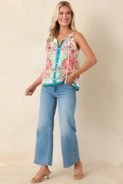 Garden Grove Green & Coral Pink Multi Floral Tank Top