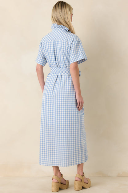 Check Me Out Blue Gingham Ruffle Collar Belted Maxi Dress