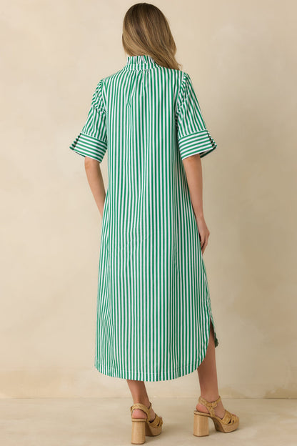 In Perfect Order Green Stripe Button Front Ruffle Collar Midi Shirt Dress