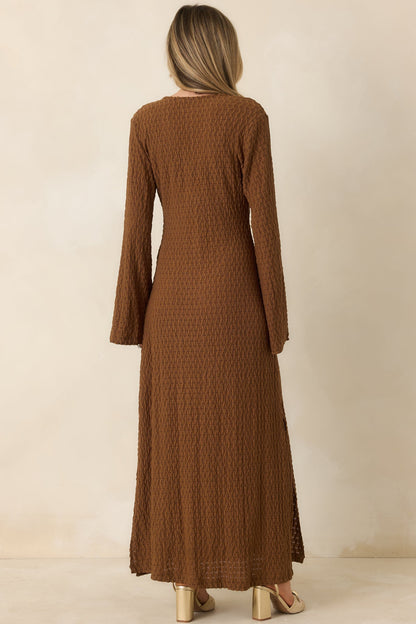 Just a Hint of Glam Brown Textured Semi-Sheer Long Sleeve Maxi Dress