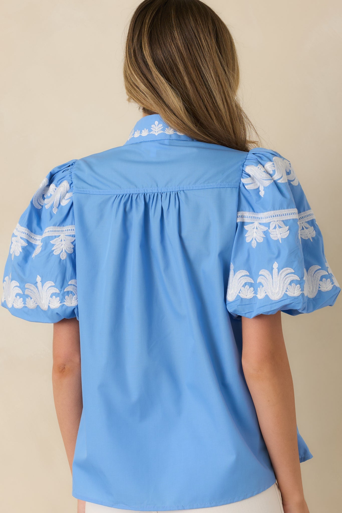 True to You Blue Embroidered Detail Puff Sleeve V-Neck Top