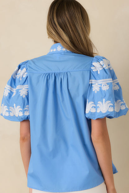 True to You Blue Embroidered Detail Puff Sleeve V-Neck Top