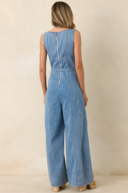 Smooth Operator Light Wash Cotton Denim Sleeveless Jumpsuit
