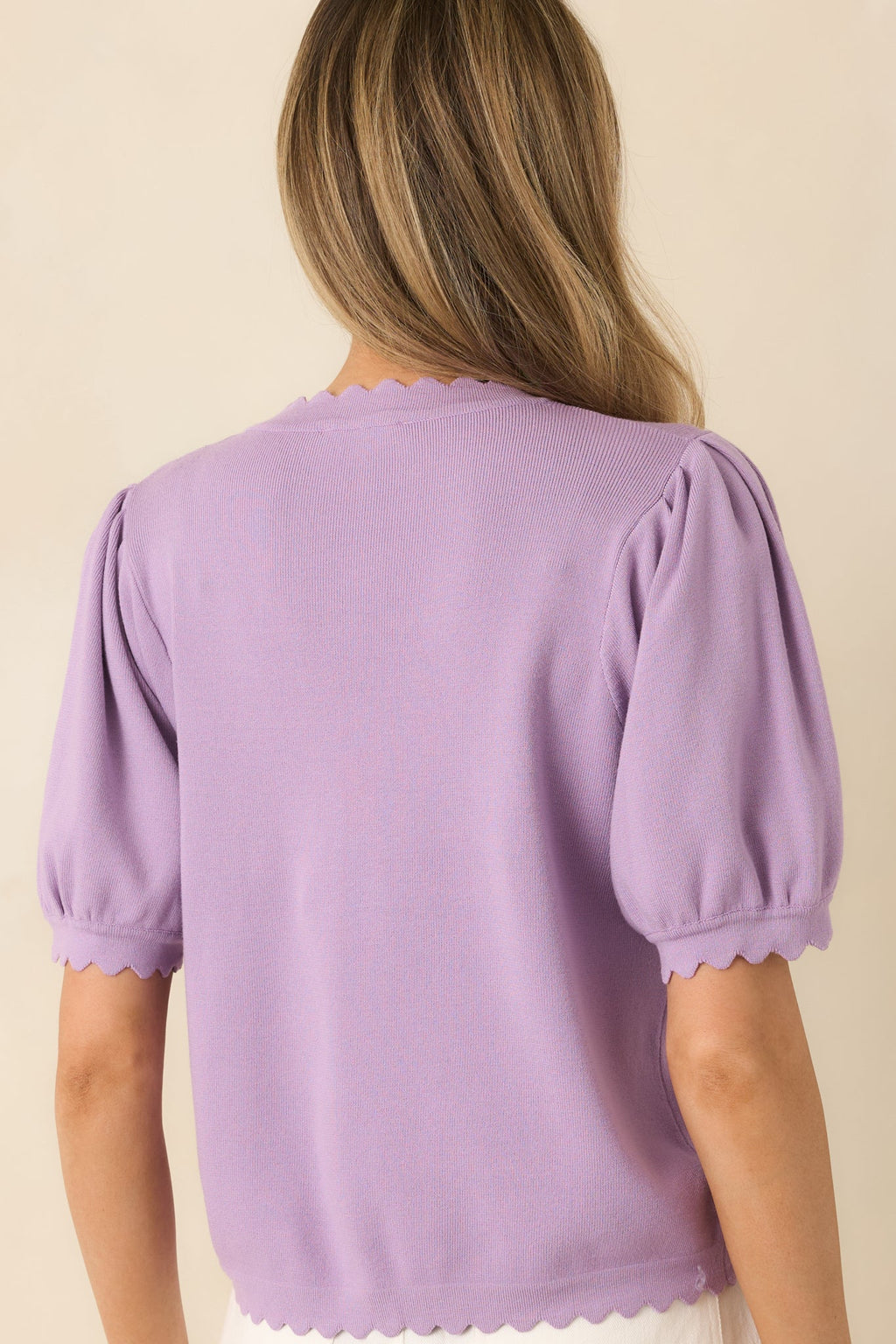 Simply So Cute Lavender Knit Scalloped Edge Puff Sleeve Button Up Cardigan