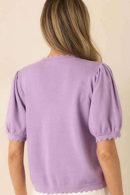 Simply So Cute Lavender Knit Scalloped Edge Puff Sleeve Button Up Cardigan