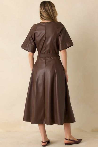 Something to Behold Brown Faux Leather Short Sleeve Belted Midi Dress