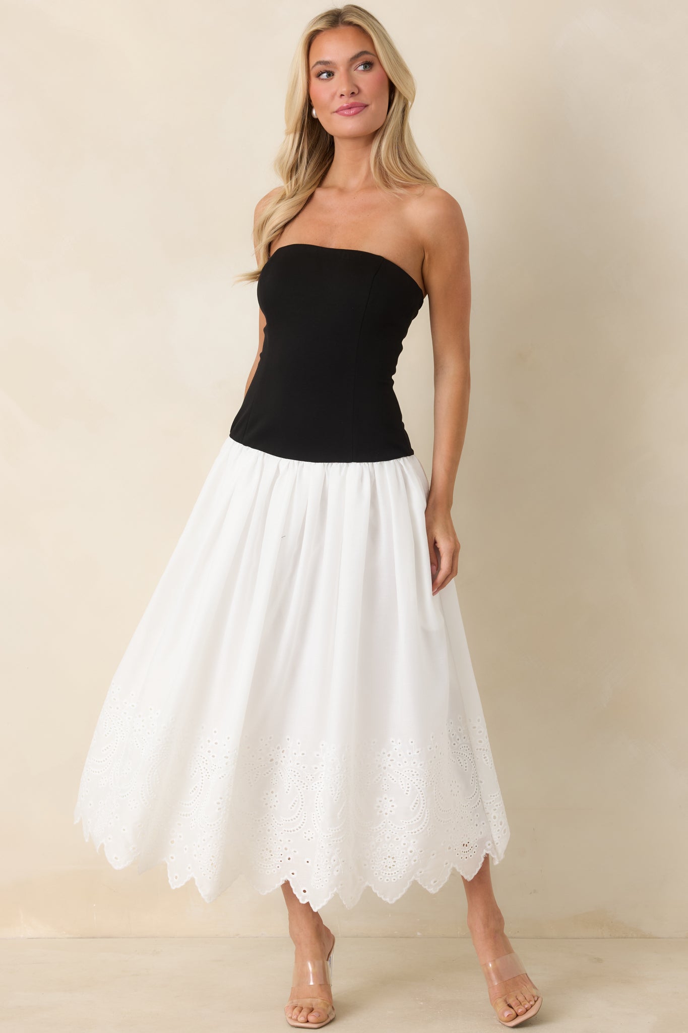 It's a Classic Black & White Cotton Eyelet Strapless Midi Dress