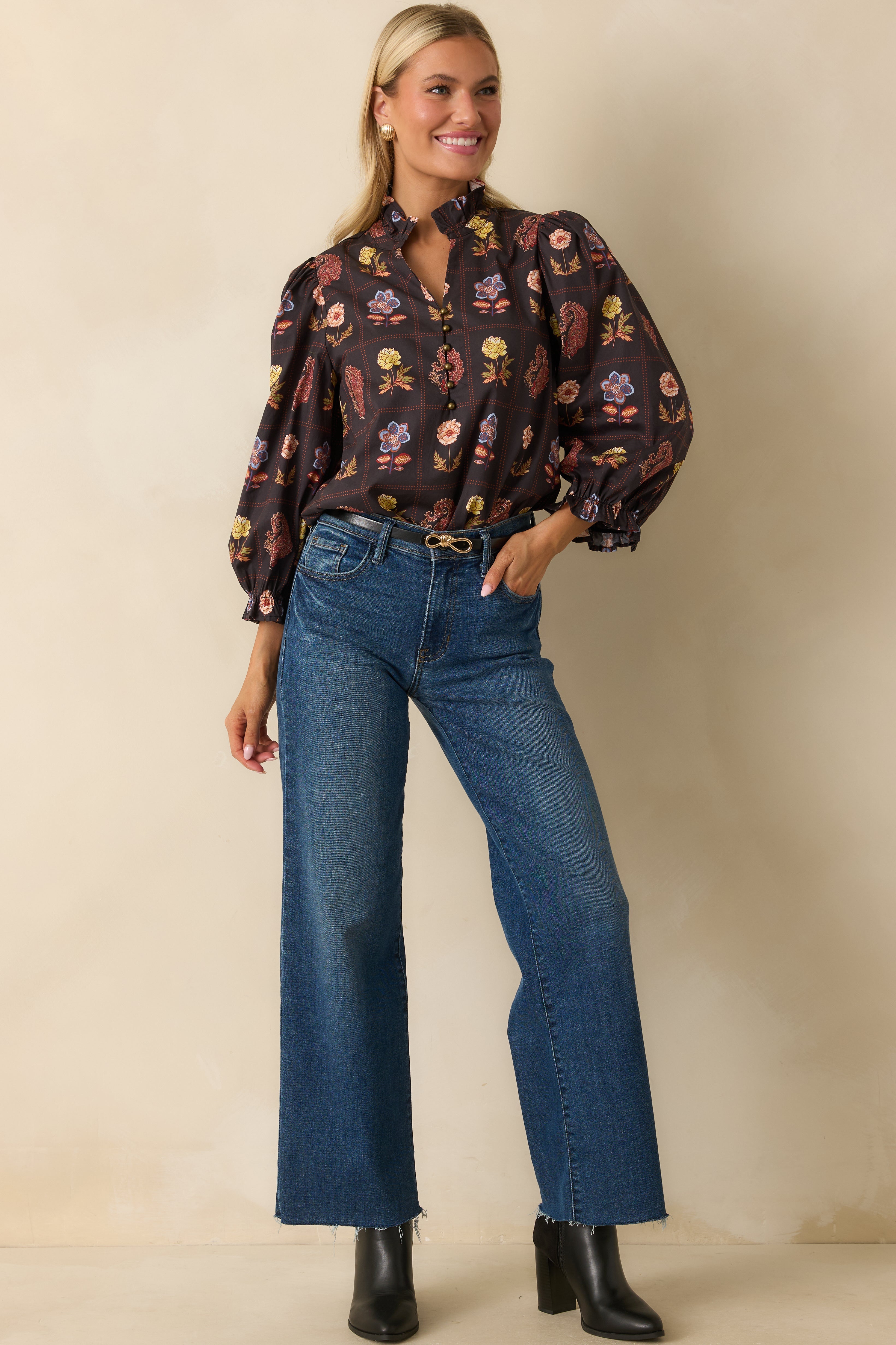 Everything’s Blooming Black Multi Floral Cotton Puff Sleeve Blouse