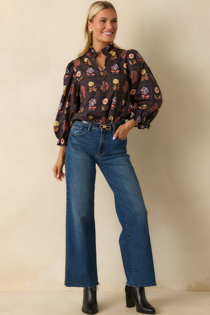 Everything’s Blooming Black Multi Floral Cotton Puff Sleeve Blouse