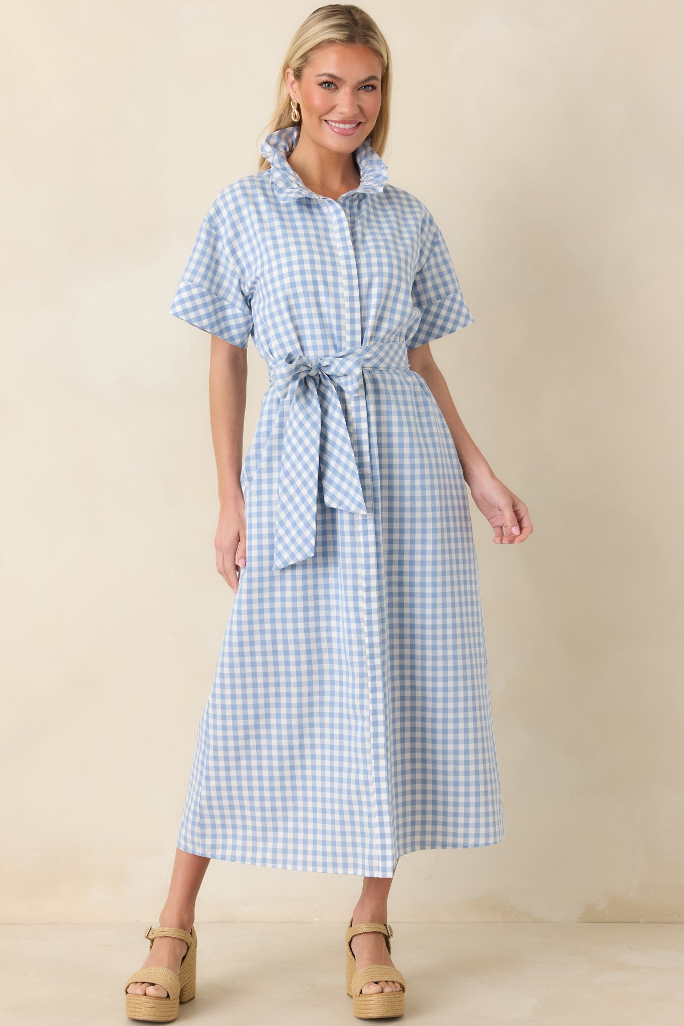 Check Me Out Blue Gingham Ruffle Collar Belted Maxi Dress
