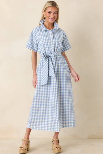 Check Me Out Blue Gingham Ruffle Collar Belted Maxi Dress