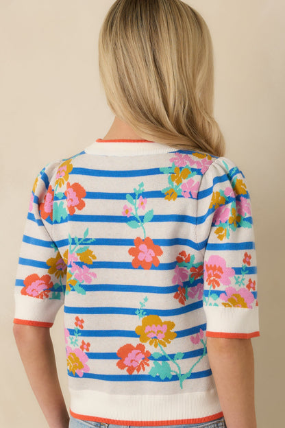 Flower Market Morning Blue Multi Floral Stripe Short Sleeve Sweater