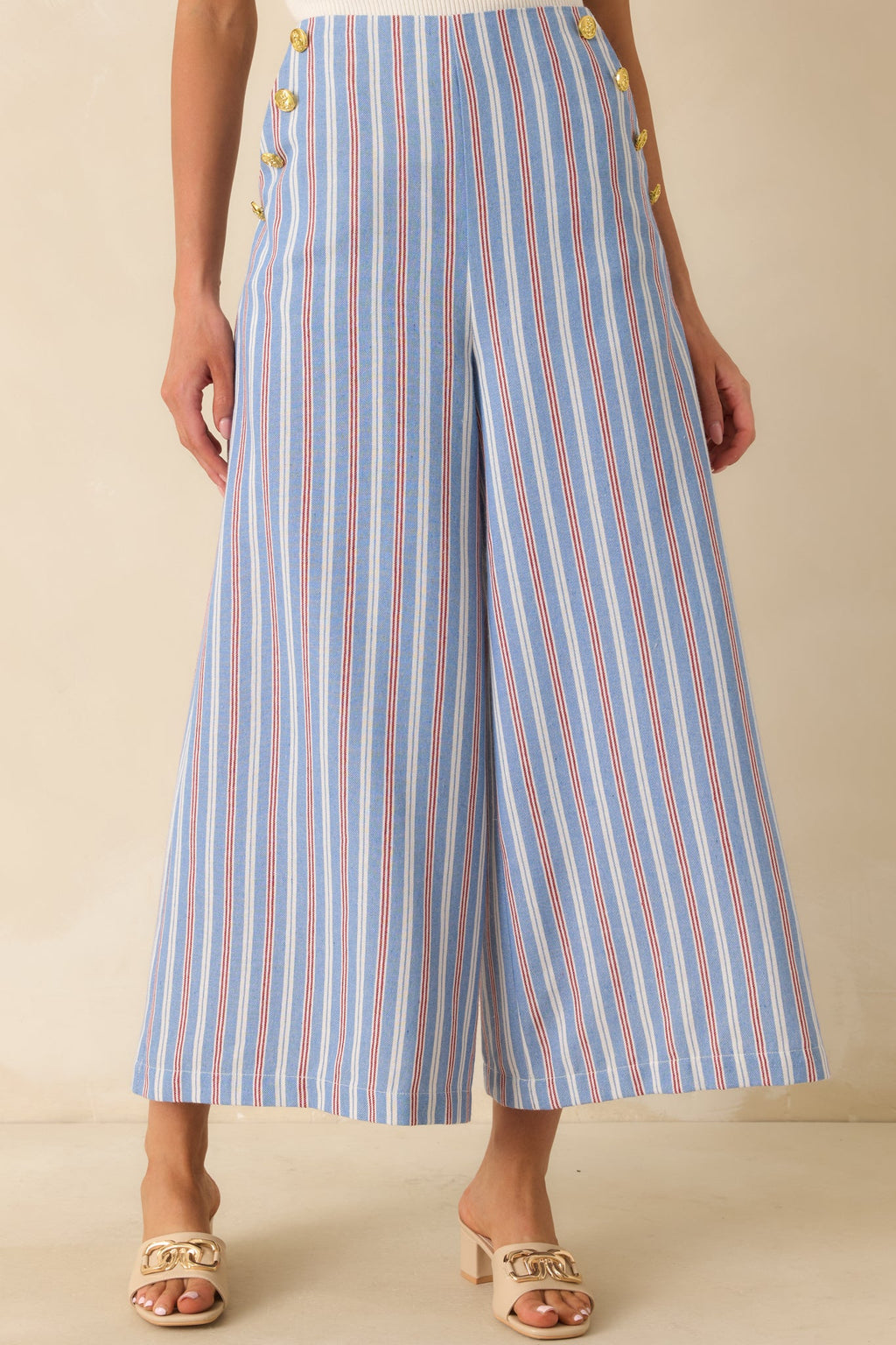 Prosperina Deitrich Blue & Red Stripe Wide Leg Cotton Blend Pants