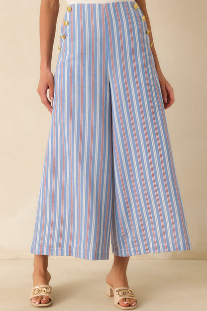 Prosperina Deitrich Blue & Red Stripe Wide Leg Cotton Blend Pants