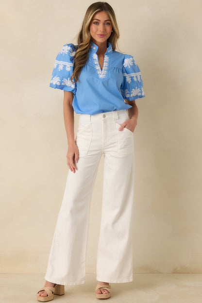 True to You Blue Embroidered Detail Puff Sleeve V-Neck Top
