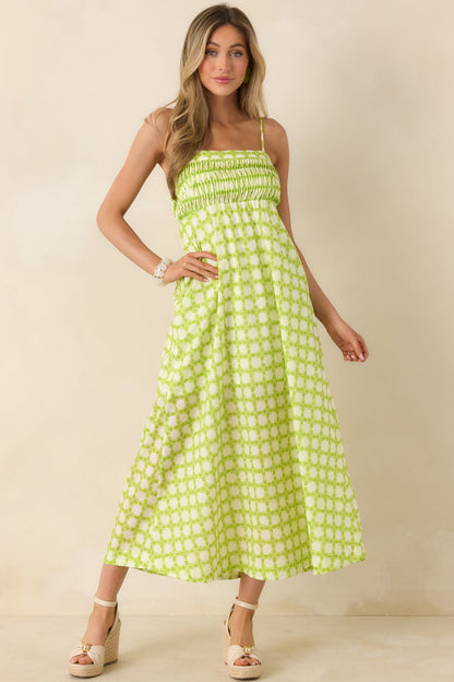 On the Bright Path Chartreuse Green Printed Cotton Midi Dress