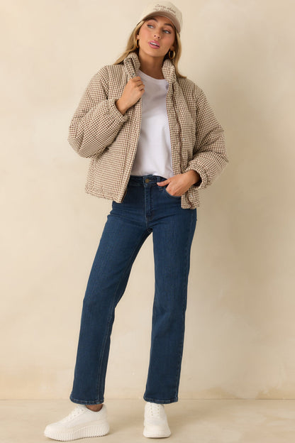 Warm Welcome Brown Gingham Puffer Coat