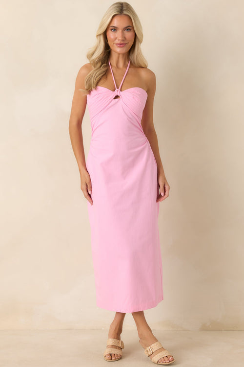 MINKPINK Gaia Pink Cotton Keyhole Detail Halter Midi Dress