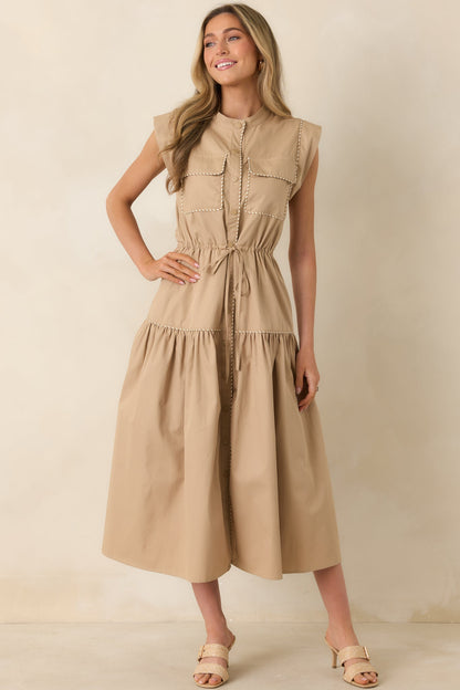 Ready For Anything Tan Button Front Utility Midi Dress
