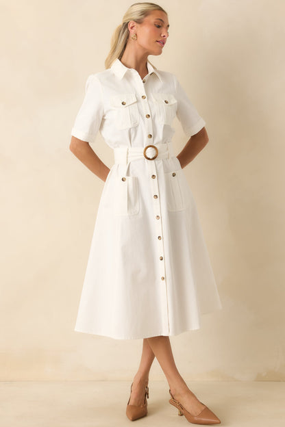 Prosperina Bentley White Cotton Twill Utility Midi Dress