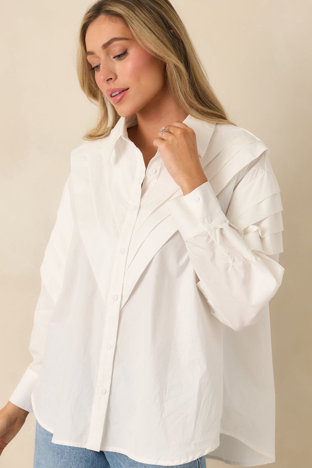 From Every Angle White Cotton Pleated Shoulder Button-Up Blouse