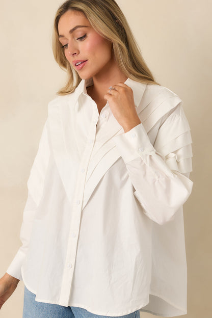 From Every Angle White Cotton Pleated Shoulder Button-Up Blouse