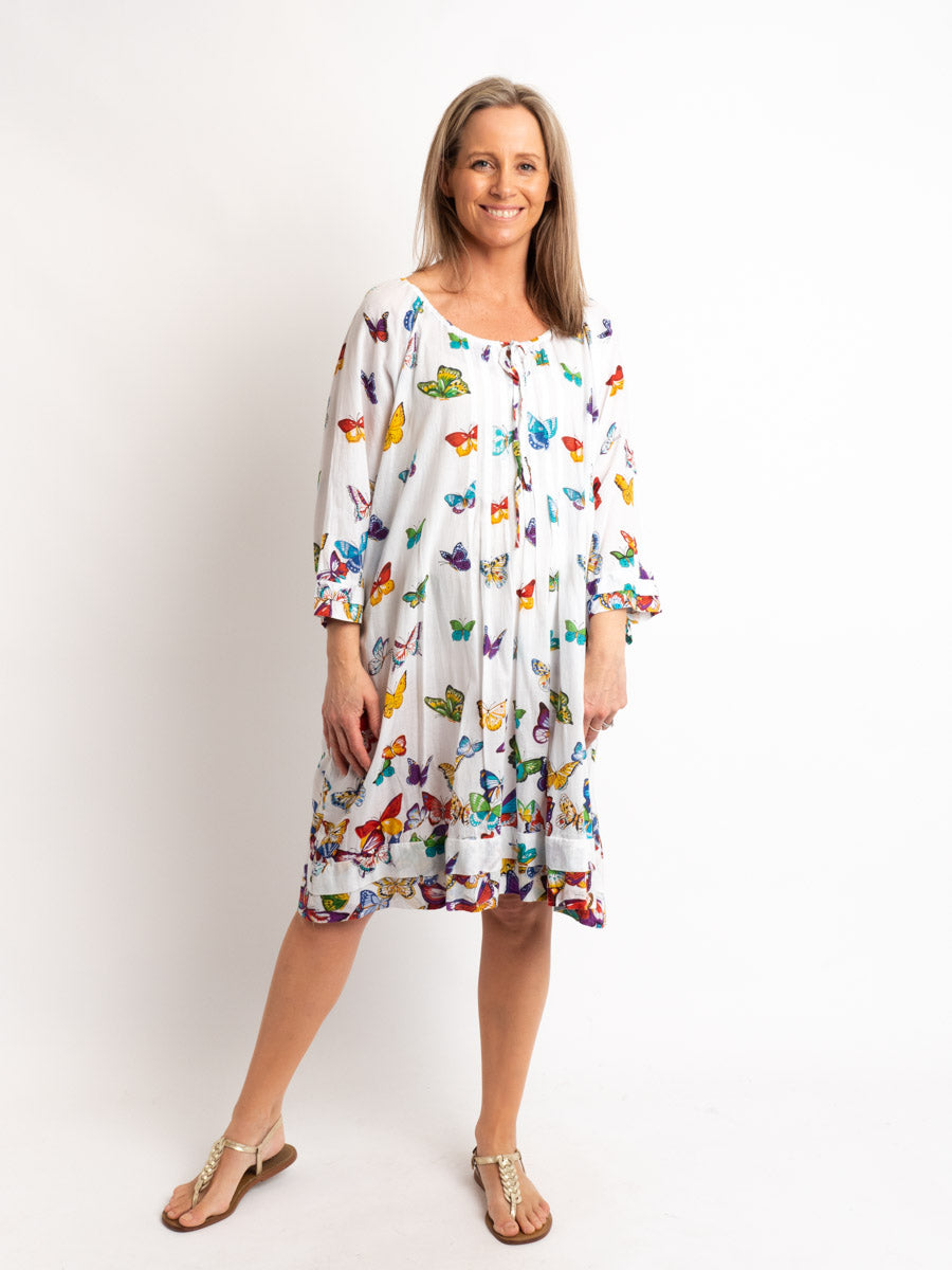 Round Neck Knee-length Dress in White Butterfly Print