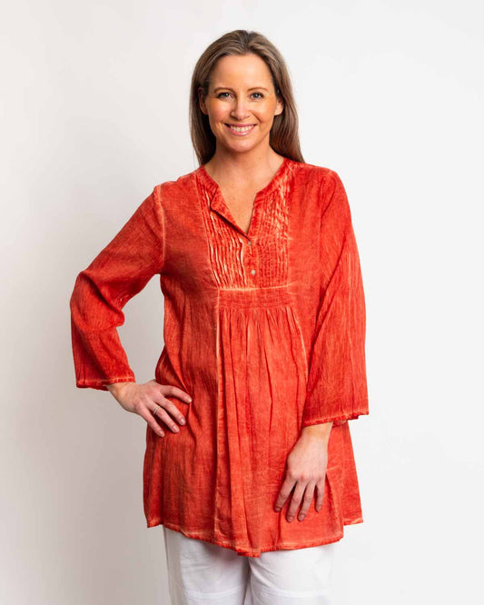 Pleated Summer Top in Ochre Wash